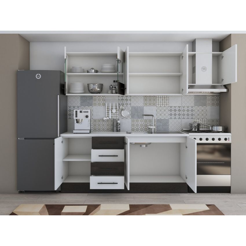Bucatarie Alfa 240, Corp hota, Cu vitrina, Alb/Wenge, Blat termic alb