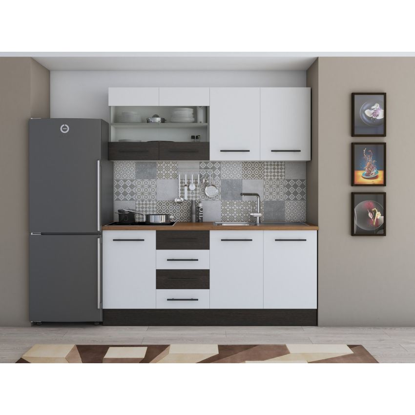 Bucatarie Alfa 180, Cu vitrina, Alb, Blat termic nuc