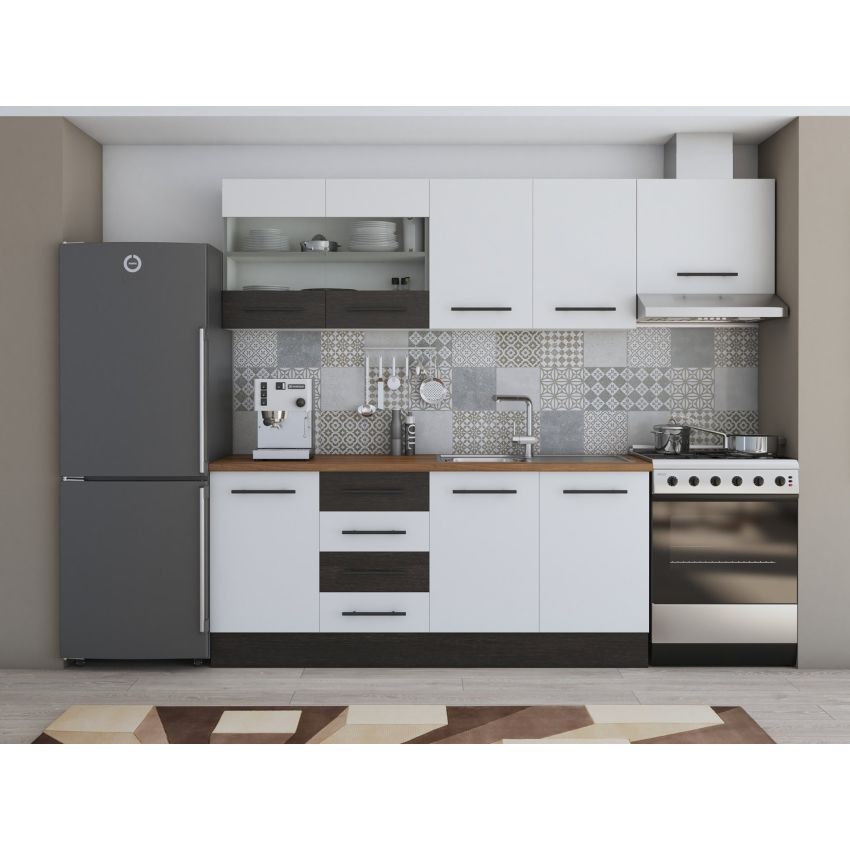 Bucatarie Alfa 240, Corp hota, Cu vitrina, Alb, Blat termic nuc