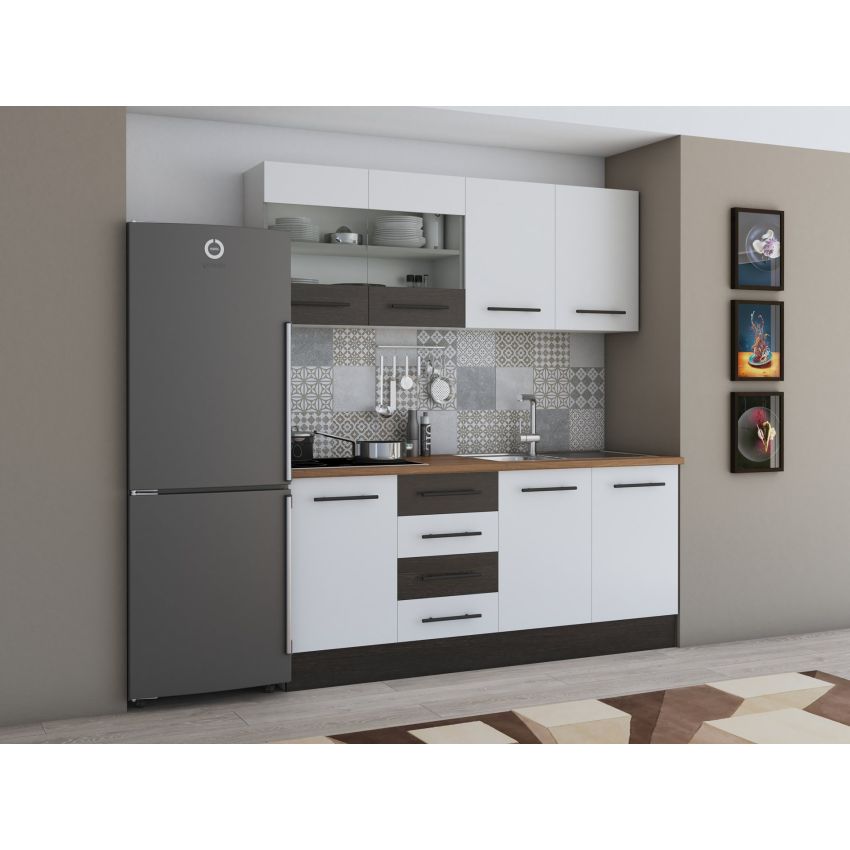 Bucatarie Alfa 180, Cu vitrina, Alb/Wenge, Blat termic nuc