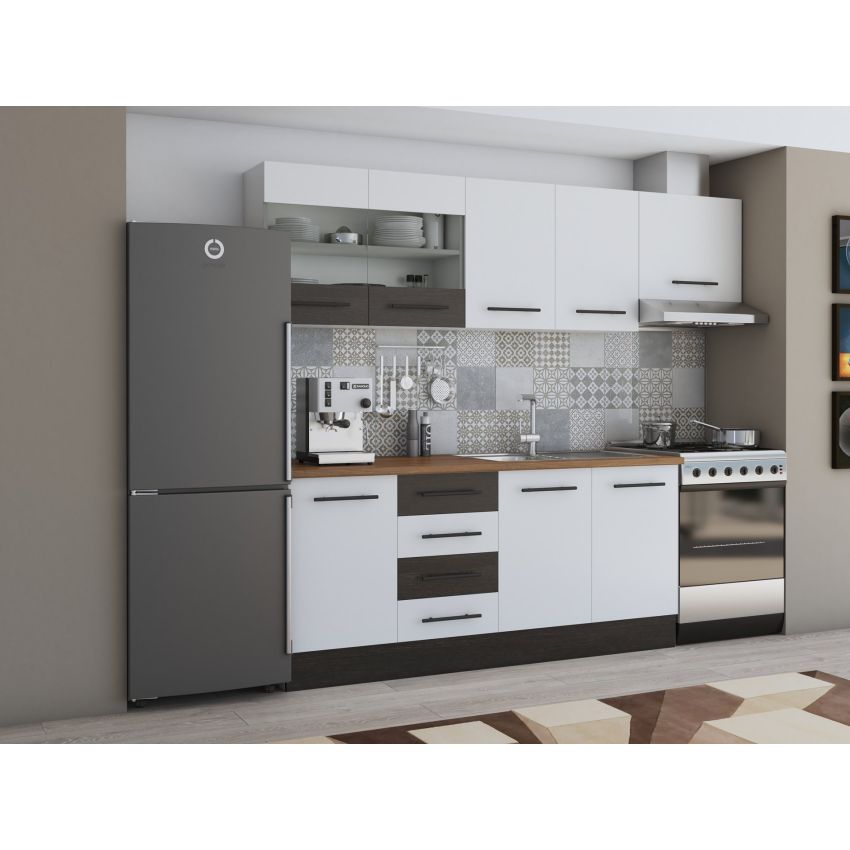 Bucatarie Alfa 240, Corp hota, Cu vitrina, Alb/Wenge, Blat termic nuc