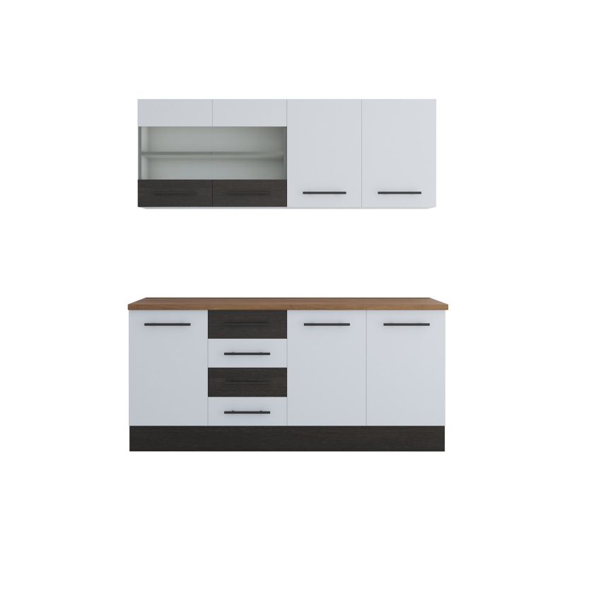 Bucatarie Alfa 180, Cu vitrina, Alb/Wenge, Blat termic nuc