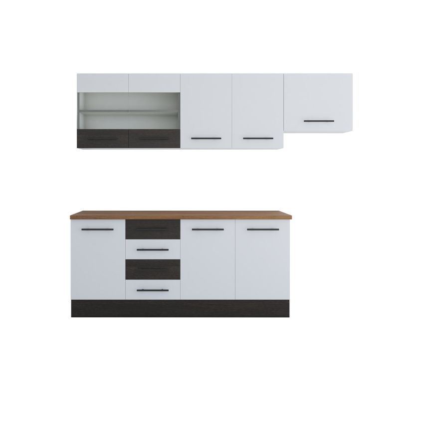 Bucatarie Alfa 240, Corp hota, Cu vitrina, Alb/Wenge, Blat termic nuc