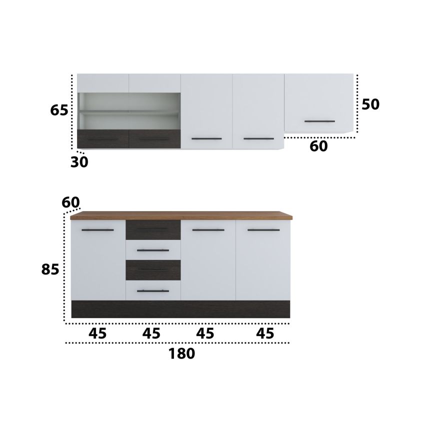Bucatarie Alfa 240, Corp hota, Cu vitrina, Alb/Wenge, Blat termic nuc