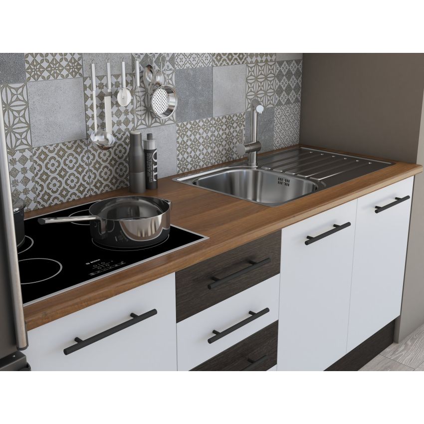 Bucatarie Alfa 180, Cu vitrina, Alb/Wenge, Blat termic nuc