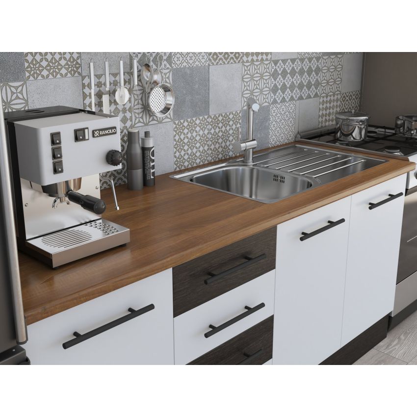 Bucatarie Alfa 240, Corp hota, Cu vitrina, Alb/Wenge, Blat termic nuc