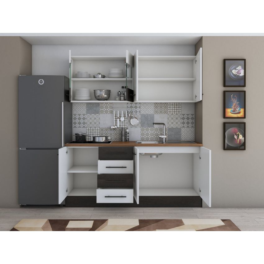 Bucatarie Alfa 180, Cu vitrina, Alb/Wenge, Blat termic nuc