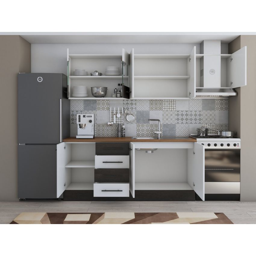 Bucatarie Alfa 240, Corp hota, Cu vitrina, Alb/Wenge, Blat termic nuc