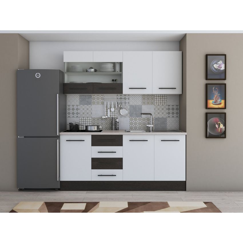 Bucatarie Alfa 180, Cu vitrina, Wenge/Alb, Blat termic travertin
