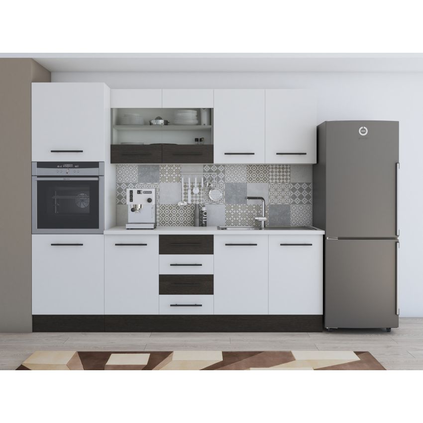 Bucatarie Alfa 240, Soldat, cu vitrina, Alb/Wenge, Blat termic alb