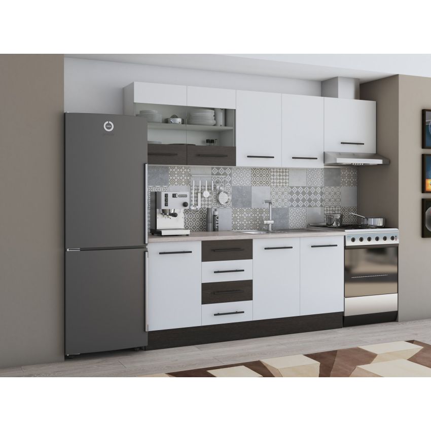 Bucatarie Alfa 240, Corp hota, Cu vitrina, Alb/Wenge, Blat termic travertin