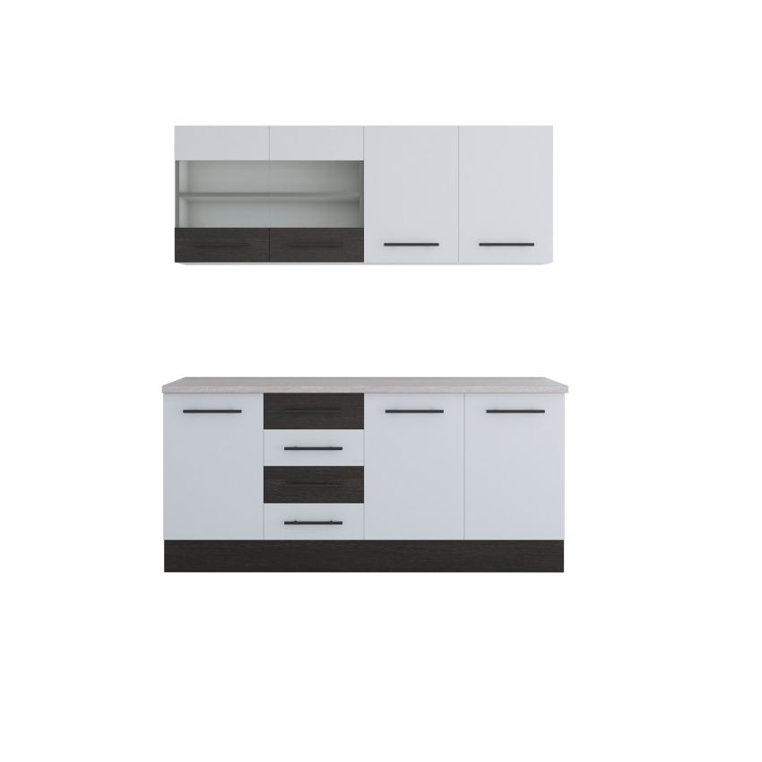 Bucatarie Alfa 180, Cu vitrina, Alb/Wenge, Blat termic travertin