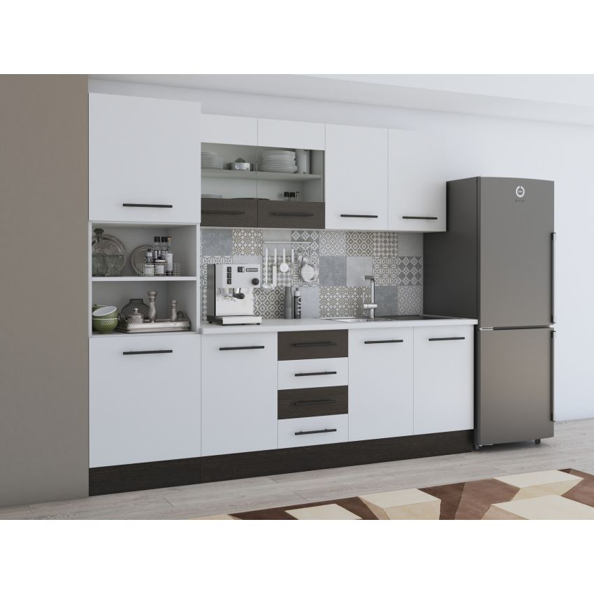 Bucatarie Alfa 240, Soldat, cu vitrina, Alb/Wenge, Blat termic alb