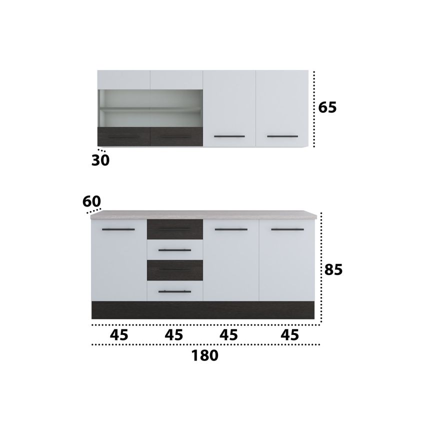 Bucatarie Alfa 180, Cu vitrina, Alb/Wenge, Blat termic travertin