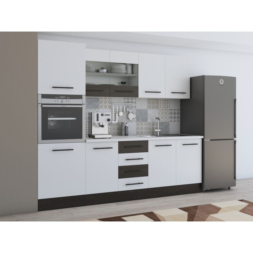 Bucatarie Alfa 240, Soldat, cu vitrina, Alb/Wenge, Blat termic alb
