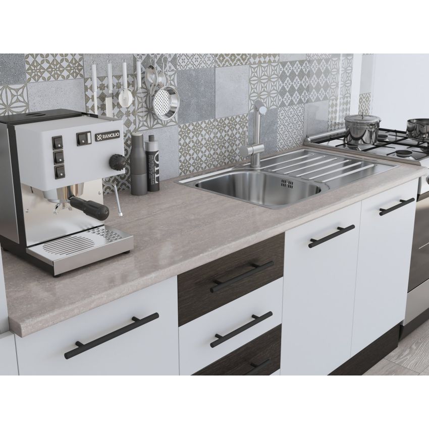 Bucatarie Alfa 300, corp hota si soldat, cu vitrina, alb/wenge, blat termic travertin
