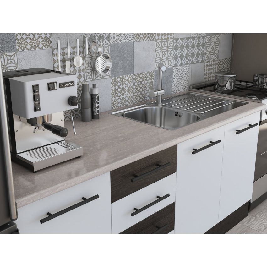 Bucatarie Alfa 240, Corp hota, Cu vitrina, Alb/Wenge, Blat termic travertin