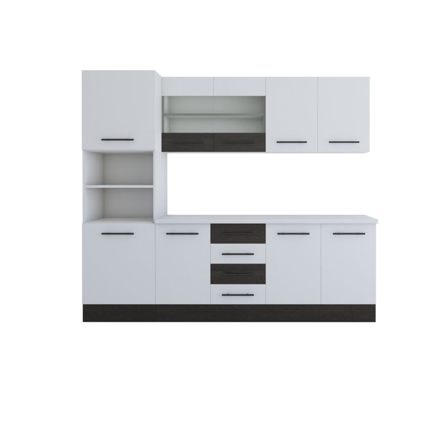 Bucatarie Alfa 240, Soldat, cu vitrina, Alb/Wenge, Blat termic alb