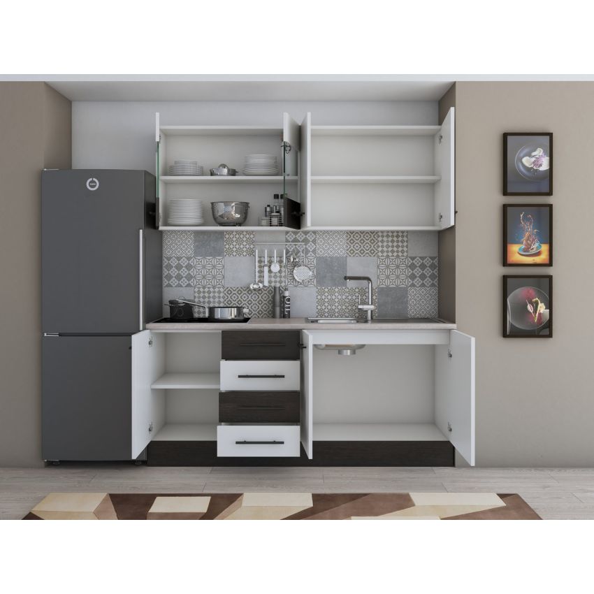 Bucatarie Alfa 180, Cu vitrina, Alb/Wenge, Blat termic travertin