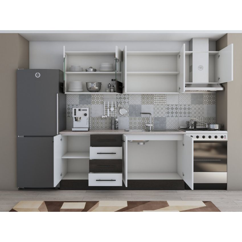 Bucatarie Alfa 240, Corp hota, Cu vitrina, Alb/Wenge, Blat termic travertin