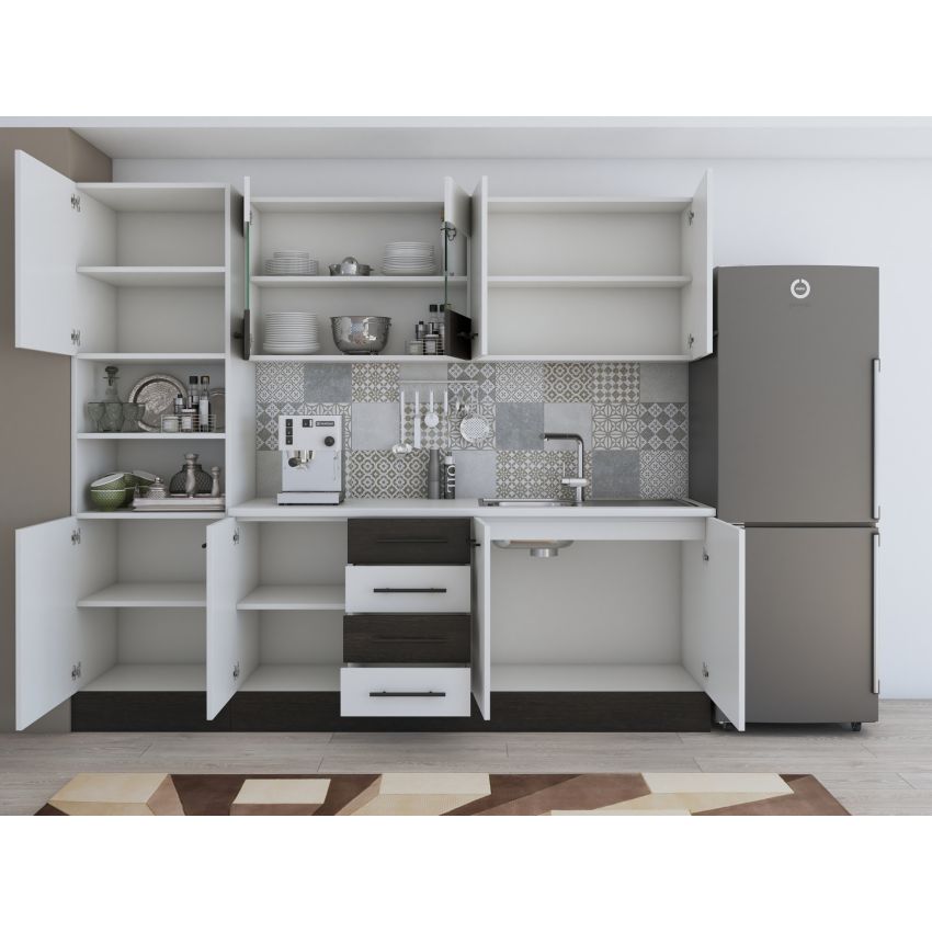 Bucatarie Alfa 240, Soldat, cu vitrina, Alb/Wenge, Blat termic alb
