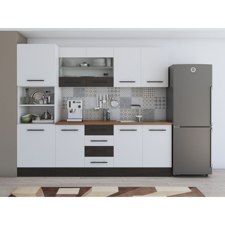 Bucatarie Alfa 240, Soldat, Cu vitrina, Alb, Blat termic nuc