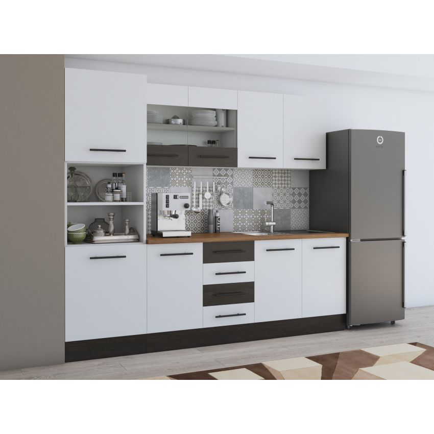 Bucatarie Alfa 240, Soldat, Cu vitrina, Alb/Wenge, Blat termic nuc
