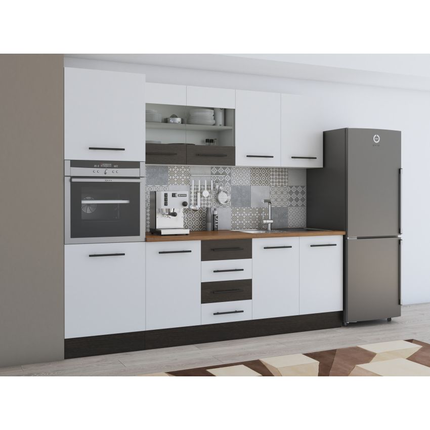 Bucatarie Alfa 240, Soldat, Cu vitrina, Alb/Wenge, Blat termic nuc