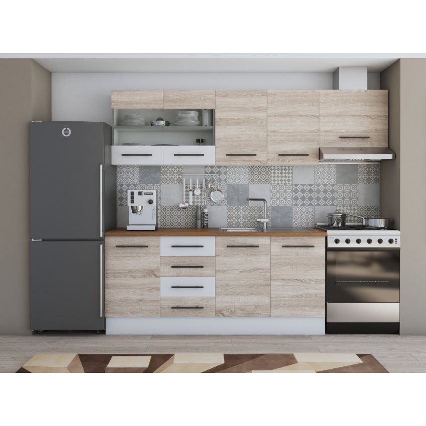 Bucatarie Alfa 240, Corp hota, Cu vitrina, Alb, Blat termic nuc