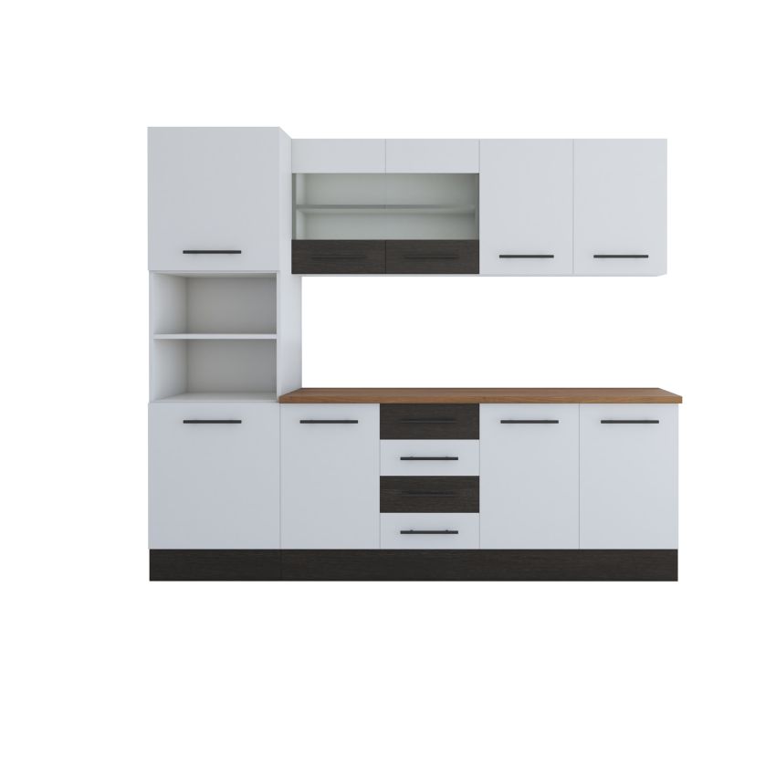 Bucatarie Alfa 240, Soldat, Cu vitrina, Alb/Wenge, Blat termic nuc