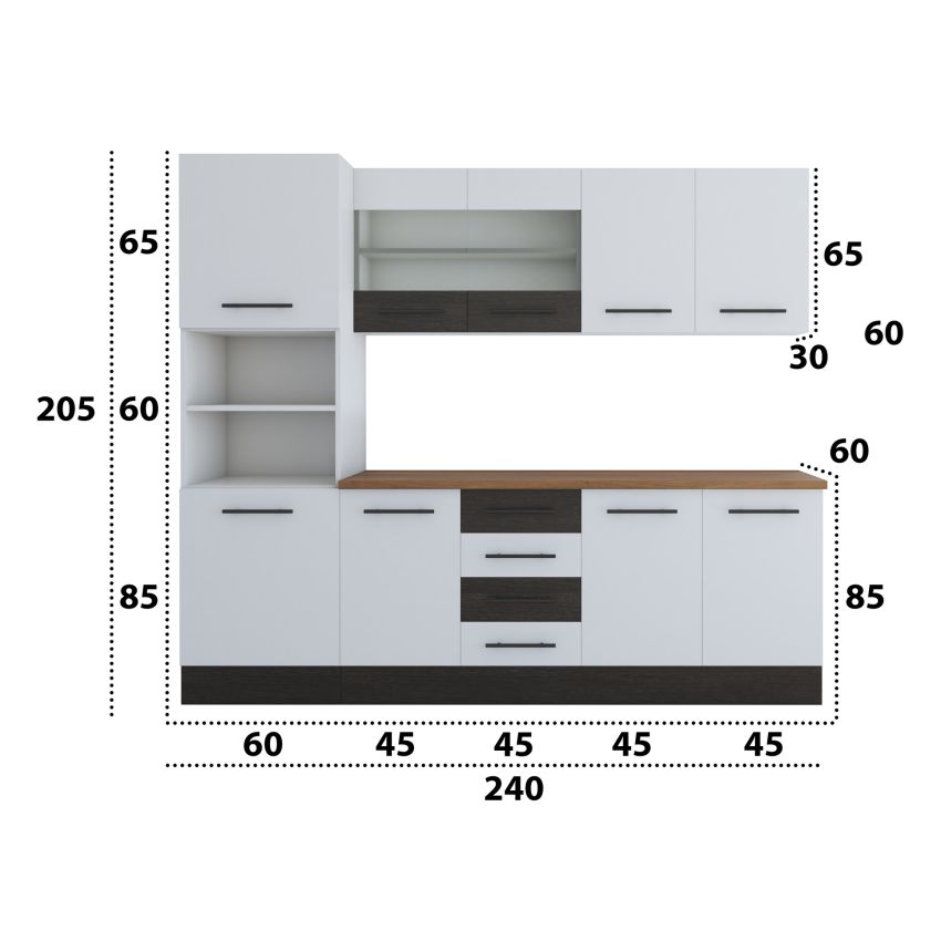 Bucatarie Alfa 240, Soldat, Cu vitrina, Alb/Wenge, Blat termic nuc