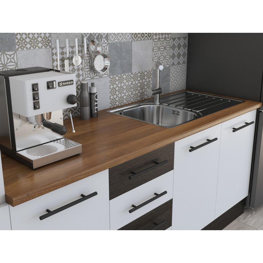 Bucatarie Alfa 240, Soldat, Cu vitrina, Alb/Wenge, Blat termic nuc