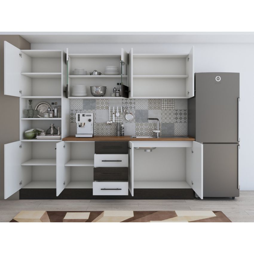 Bucatarie Alfa 240, Soldat, Cu vitrina, Alb/Wenge, Blat termic nuc