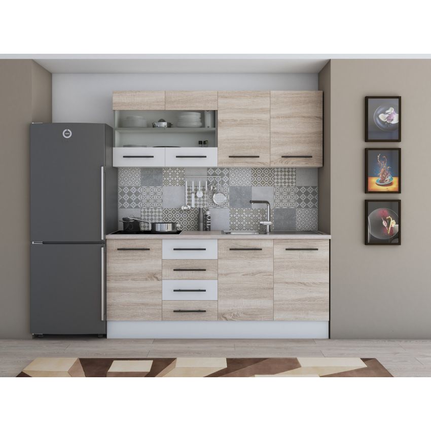 Bucatarie Alfa 180, Cu vitrina, Wenge/Alb, Blat termic travertin