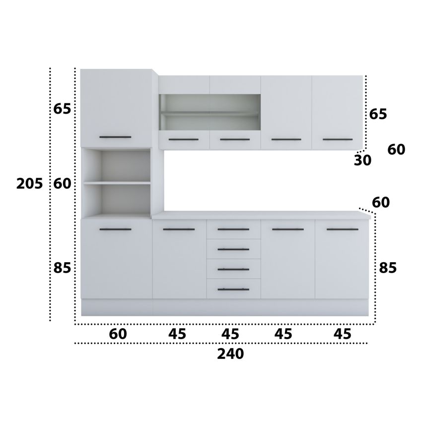 Bucatarie Alfa 240, Soldat, Cu vitrina, Alb, Blat termic alb