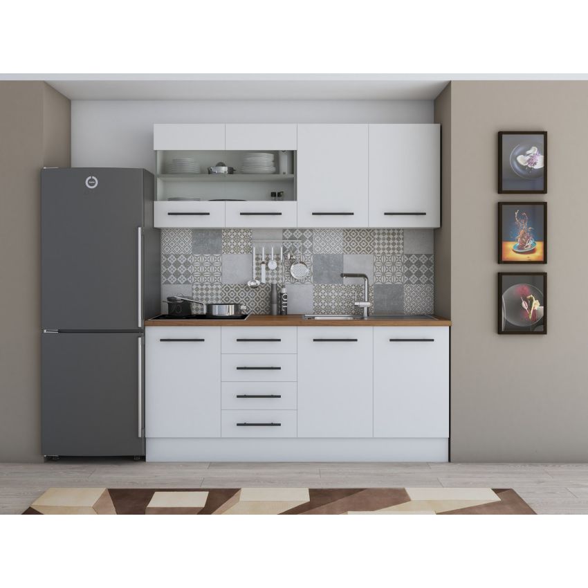 Bucatarie Alfa 180, Cu vitrina, Alb, Blat termic nuc