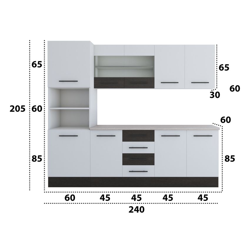 Bucatarie Alfa 240, Soldat, Cu vitrina, Alb/Wenge, Blat termic travertin