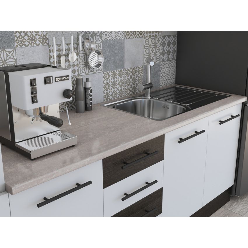 Bucatarie Alfa 240, Soldat, Cu vitrina, Alb/Wenge, Blat termic travertin