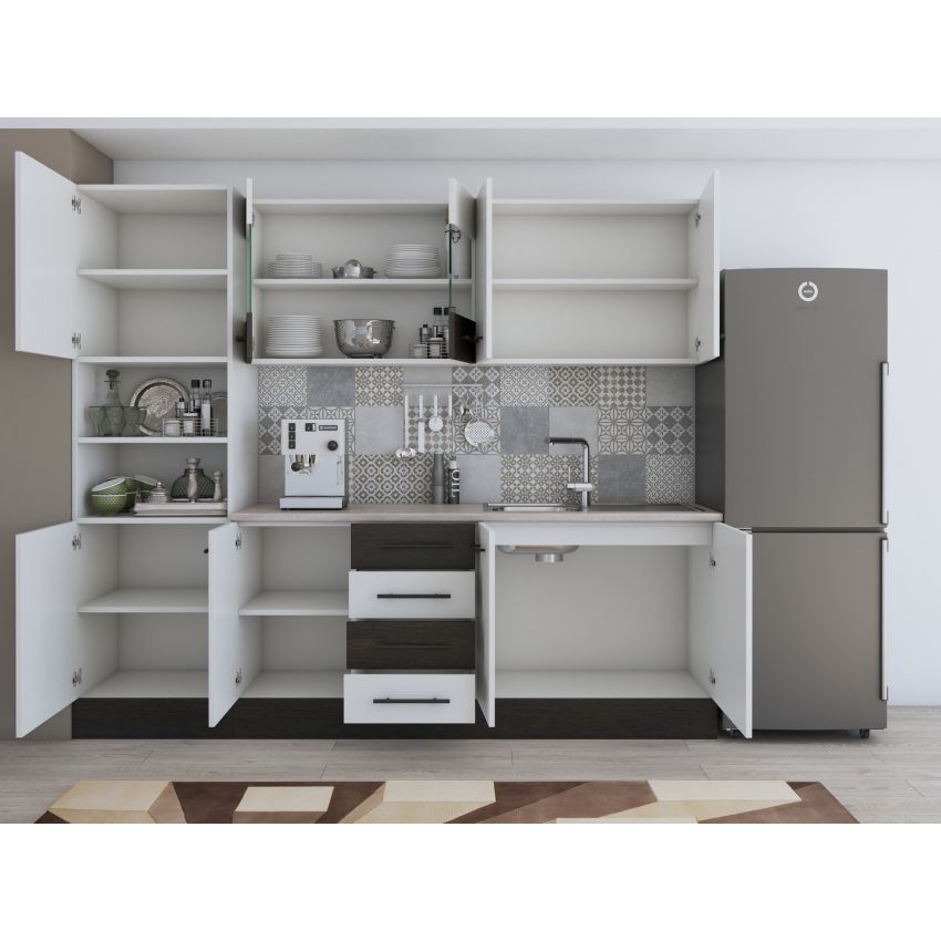 Bucatarie Alfa 240, Soldat, Cu vitrina, Alb/Wenge, Blat termic travertin