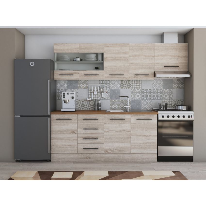 Bucatarie Alfa 240, Corp hota, Cu vitrina, Alb, Blat termic nuc