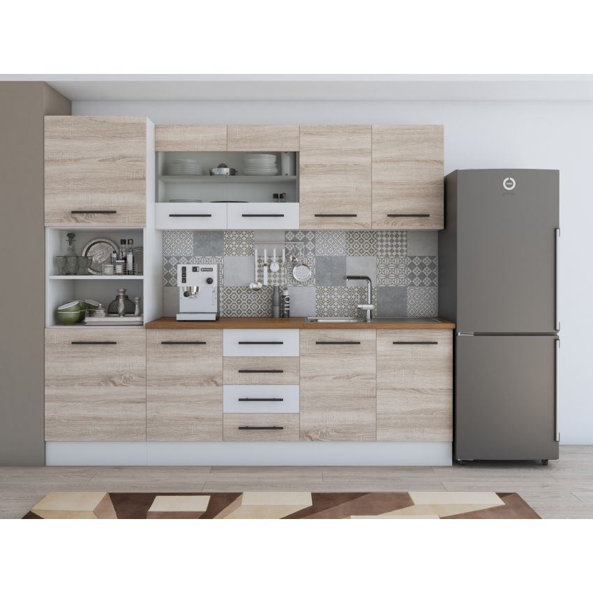 Bucatarie Alfa 240, Soldat, Cu vitrina, Alb, Blat termic nuc