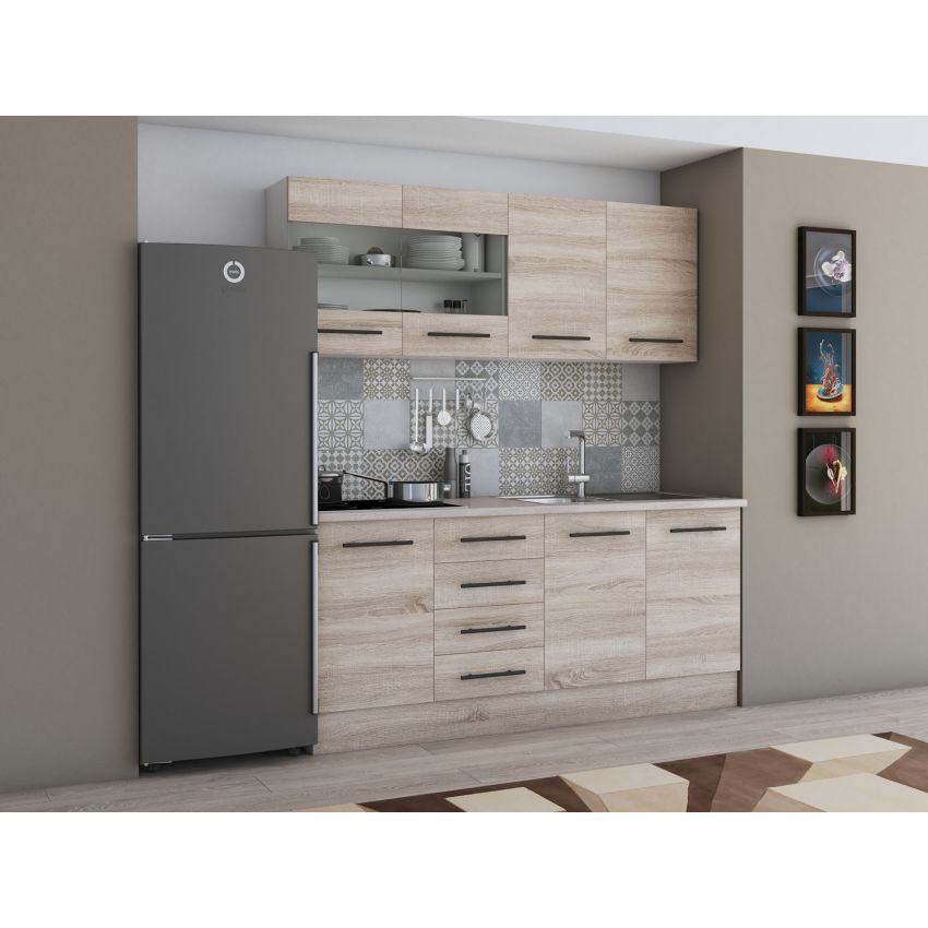 Bucatarie Alfa 180, Cu vitrina, Sonoma, Blat termic travertin