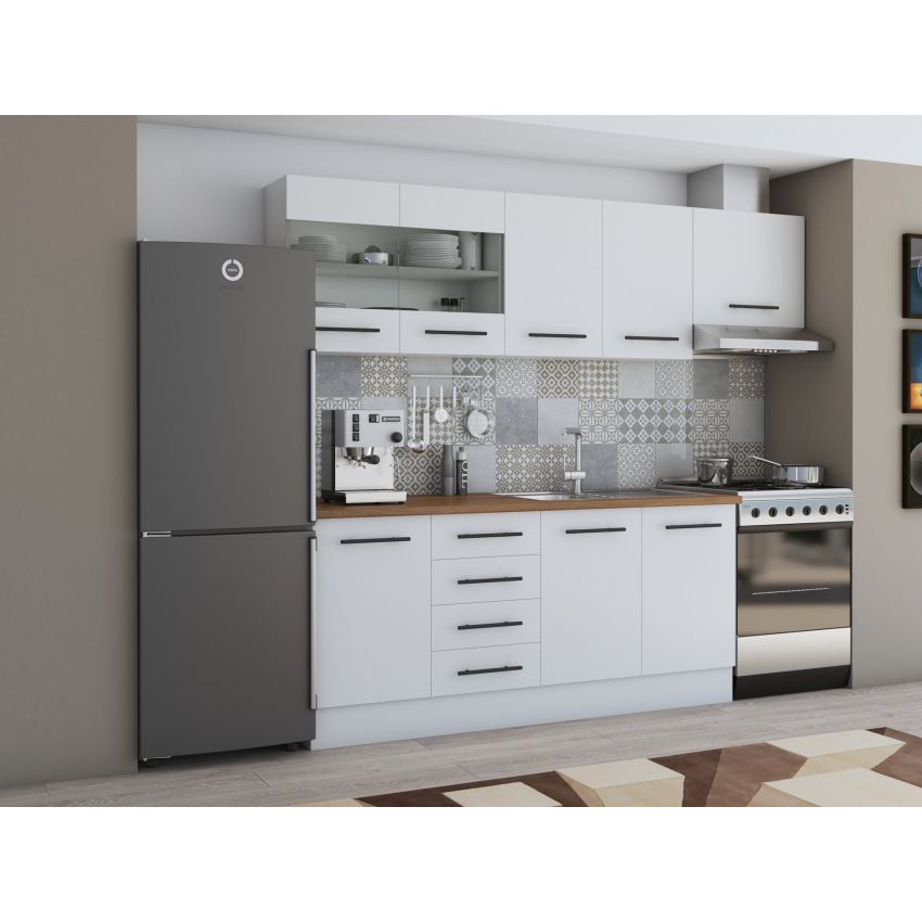 Bucatarie Alfa 240, Corp hota, Cu vitrina, Alb, Blat termic nuc