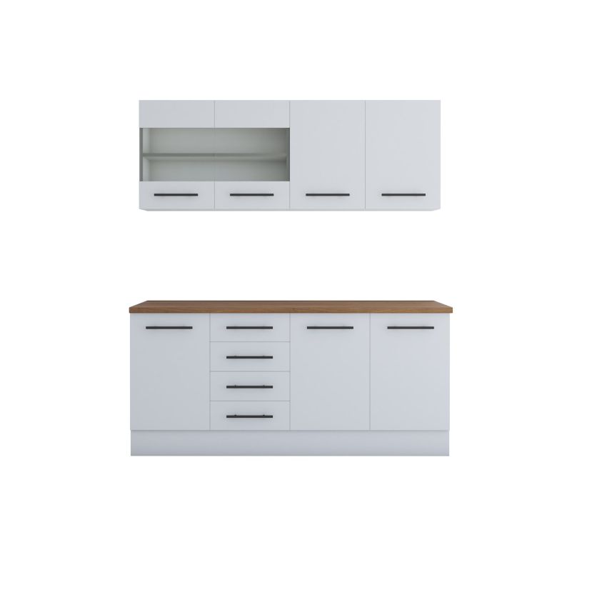 Bucatarie Alfa 180, Cu vitrina, Alb, Blat termic nuc