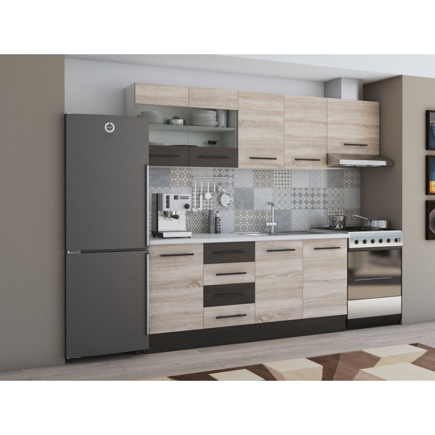 Bucatarie Alfa 240, Corp hota, Cu vitrina, Sonoma/Wenge, Blat termic alb
