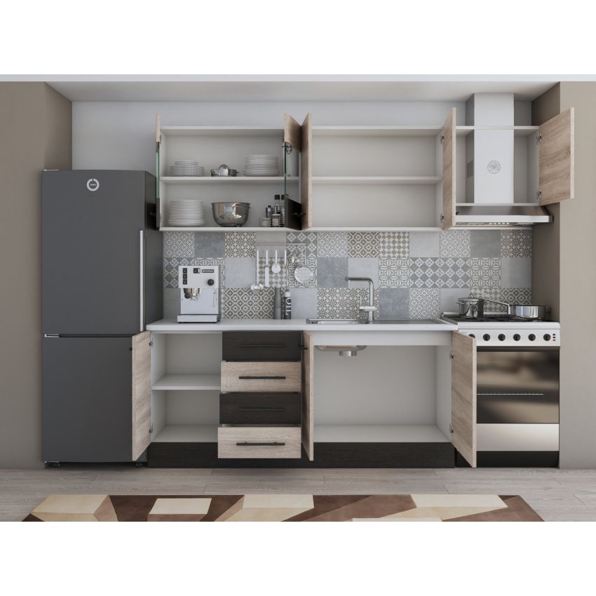 Bucatarie Alfa 240, Corp hota, Cu vitrina, Sonoma/Wenge, Blat termic alb