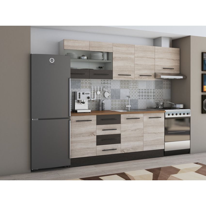 Bucatarie Alfa 240, Corp hota, Cu vitrina, Sonoma/Wenge, Blat termic nuc