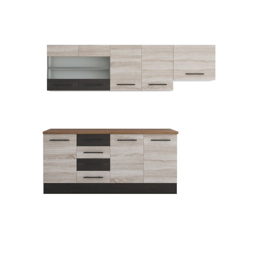 Bucatarie Alfa 240, Corp hota, Cu vitrina, Sonoma/Wenge, Blat termic nuc
