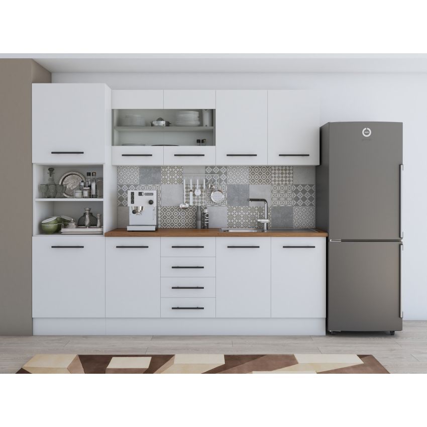 Bucatarie Alfa 240, Soldat, Cu vitrina, Alb, Blat termic nuc