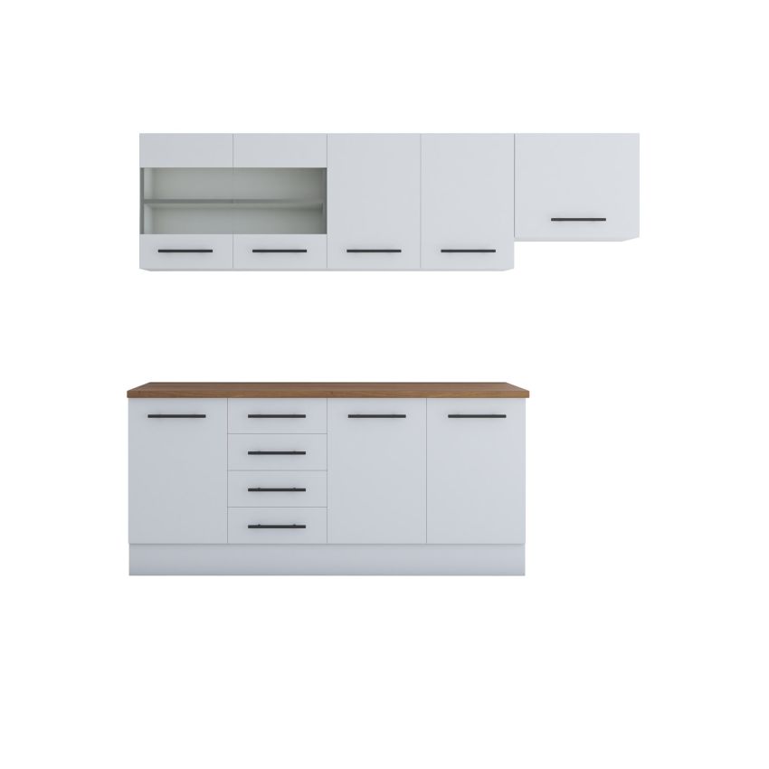 Bucatarie Alfa 240, Corp hota, Cu vitrina, Alb, Blat termic nuc